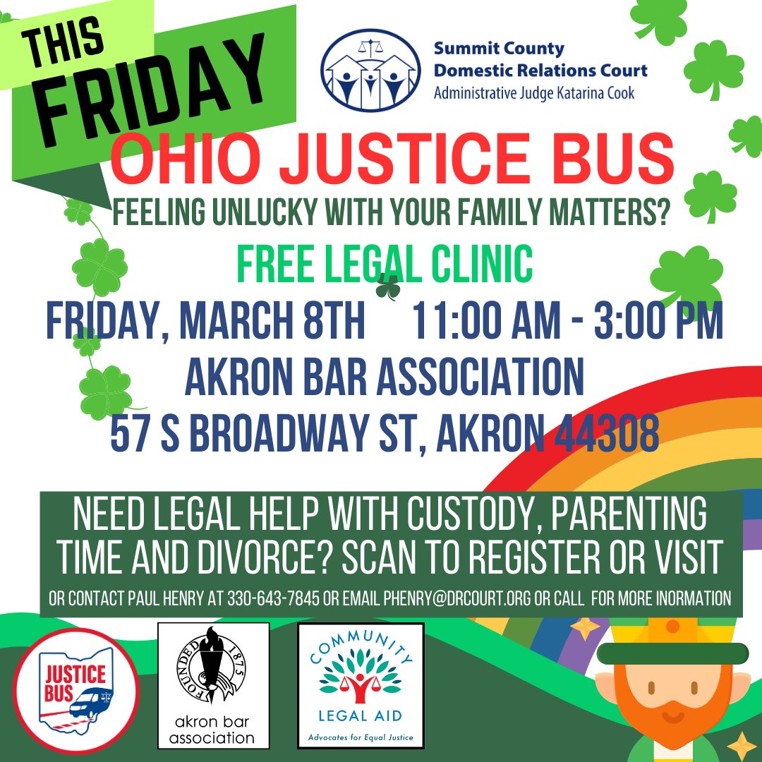 Pre-register now for the Ohio Justice Bus! Skip the line and secure your spot at this must-attend event: drcourt.org/wp/engagement/…

Tired of all the malarkey? 🍀🍀🍀Join us THIS FRIDAY FROM 11:00 AM to 3:00 PM at the @AkronBarAssociation for FREE legal aid.