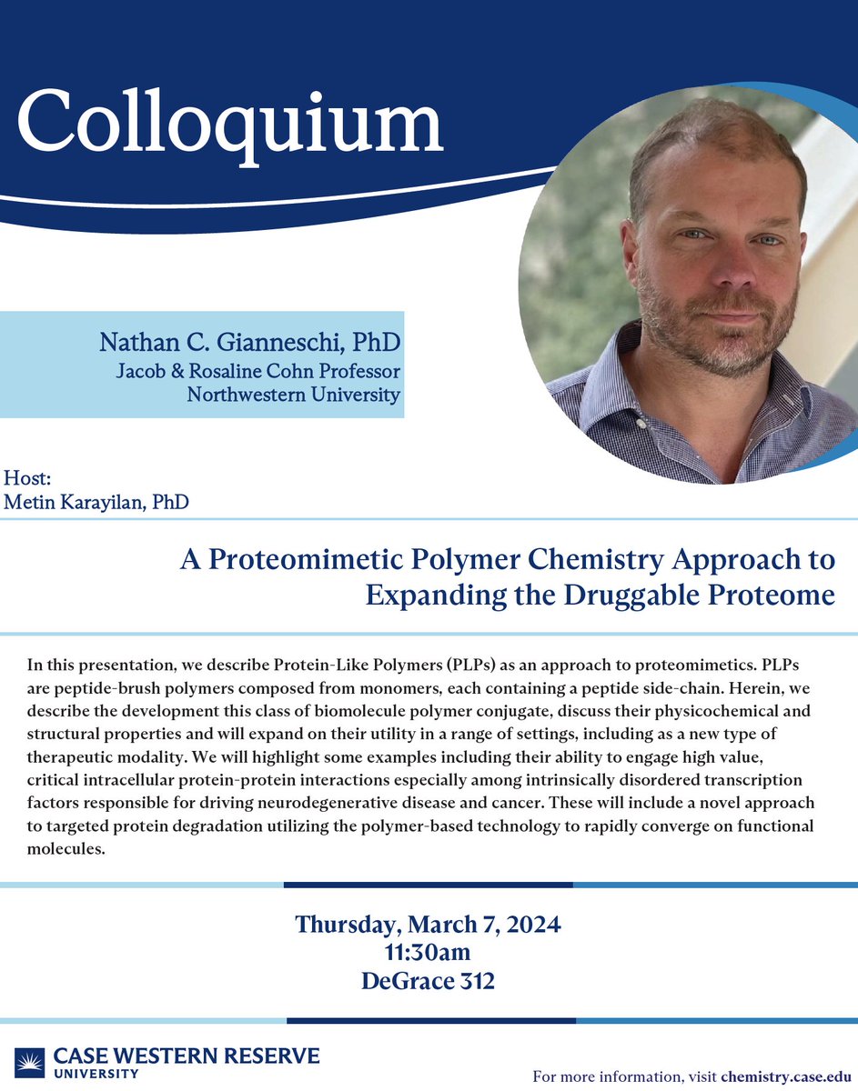 Dr. Nathan Gianneschi from @NUChemistry will be visiting the Chemistry Department to give his Colloquium Lecture today, March 7 at 11:30 am in DeGrace 312. @CWRUartsci @CaseEngineer @cwru