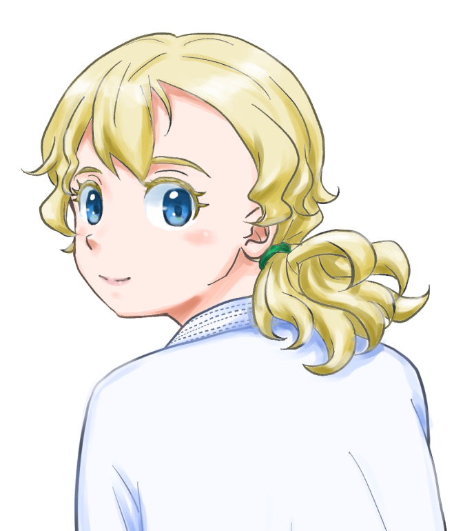 1girl solo blonde hair blue eyes white background simple background shirt  illustration images