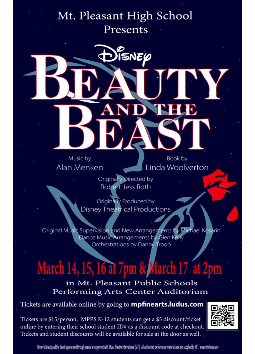 If you’re in the area, please come see 🌹🌹Beauty and the Beast!🌹🌹 March 14-17 @ Mt. Pleasant High School My Daughter Lexi will be playing Belle! ⬇️⬇️ TICKETS ⬇️ ⬇️ mpfinearts.ludus.com/index.php