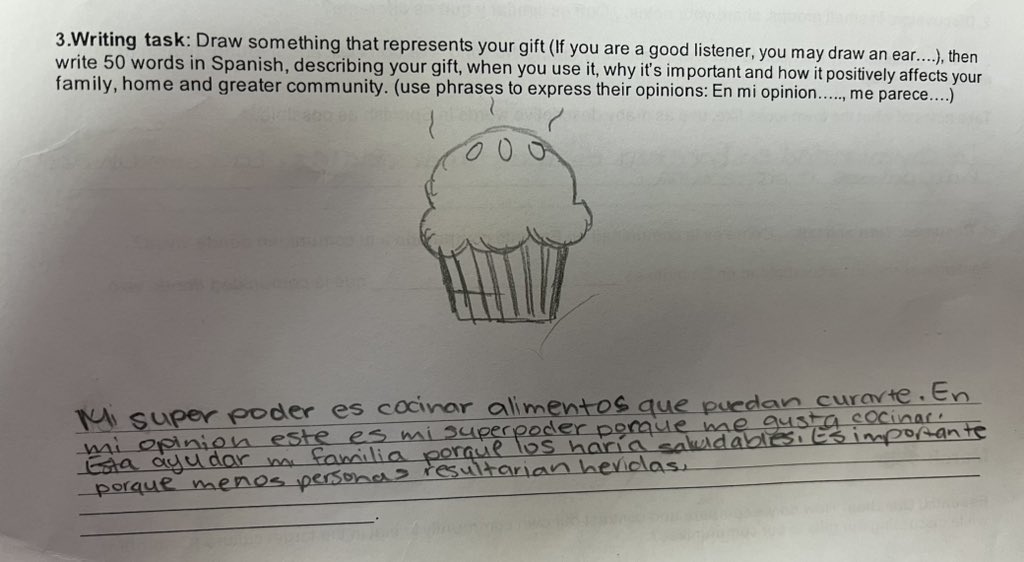 ElmanSenorita22's tweet image. After watching, and analyzing the movie Encanto, and discussing our home and community compared to that of the #TargetLanguage (Colombia), students #reflected on and #wrote about what their #regalo/gift would be and why!@RGAPMobileLive @Rphs_World