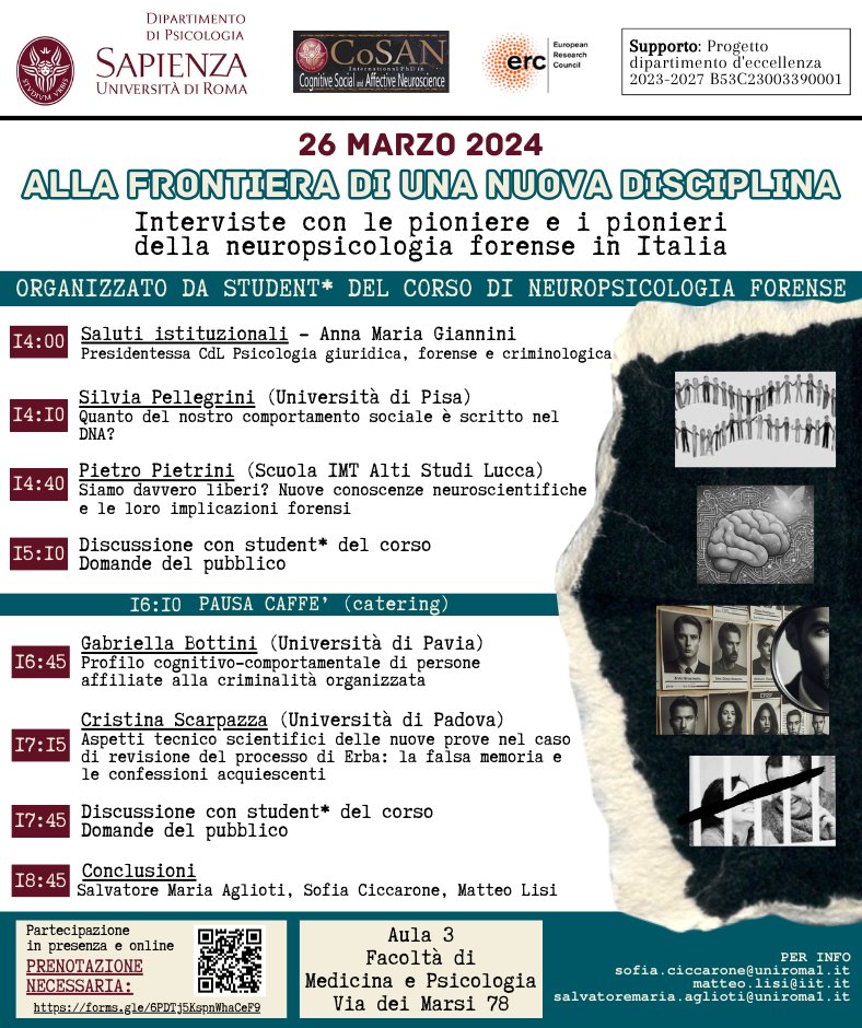 Dip Psicologia Roma (@dip_psi) on Twitter photo 26/03 ore 14 AULA III <a href="/SCNL_AgliotiLab/">SCNL - AgliotiLab</a> "ALLA FRONTIERA DI UNA NUOVA DISCIPLINA: INTERVISTE CON LE PIONIERE E I PIONIERI DELLA NEUROPSICOLOGIA FORENSE IN ITALIA" web.uniroma1.it/dippsi/archivi… 26/03 ore 14 AULA III <a href="/SCNL_AgliotiLab/">SCNL - AgliotiLab</a> "ALLA FRONTIERA DI UNA NUOVA DISCIPLINA: INTERVISTE CON LE PIONIERE E I PIONIERI DELLA NEUROPSICOLOGIA FORENSE IN ITALIA" web.uniroma1.it/dippsi/archivi…