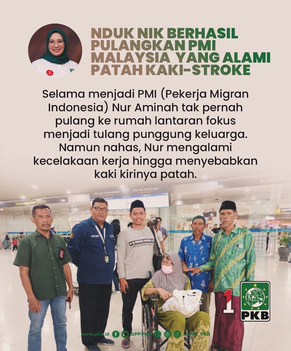 Legislator PKB, Nihayatul Wafiroh <a href="/ninikwafiroh/">NihayahCenter</a> (Nduk Nik) melalui Tim Nihayah Center, berhasil menjemput seorang Pekerja Migran Indonesia di Malaysia bernama Nur Aminah.

Bu Nur Aminah sebelumnya diketahui mengalami patah kaki kiri dan stroke ringan sejak setahun terakhir.