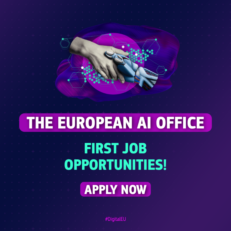 DigitalEU's tweet photo. A unique job opportunity at the European AI Office!

Help us implement the #AIAct and shape the development &amp; use of trustworthy AI in 🇪🇺 &amp; beyond.

👇 Apply by 27 March as technology specialist or administrative assistant &amp; be at the forefront of global AI policy &amp; innovation.