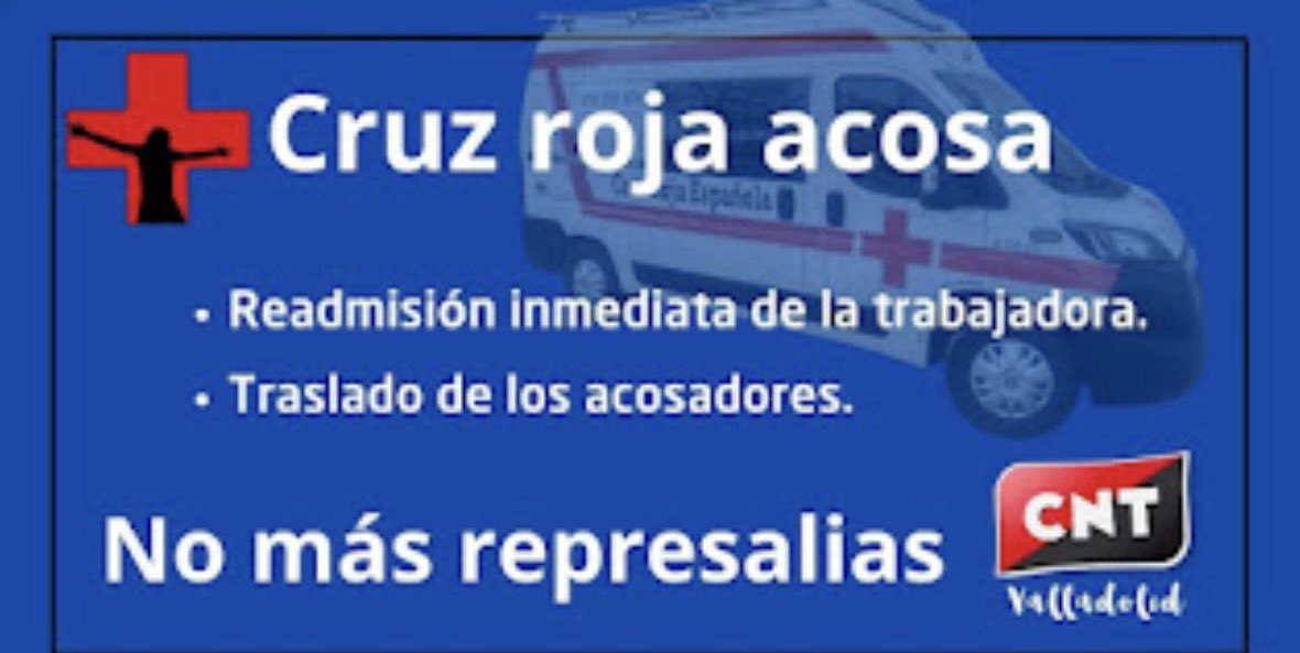 📢@CruzRojaEsp que lleva casos de personas especialmente
vulnerables ampare actitudes vejatorias y #CruzRojaAcosa #CruzRojaDespide a quienes las
 denuncian. Por todo eso #CNTResponde.
📢No toleres situaciones de acoso en el trabajo, nadie se lo merece.

📢ELKARTASUN OSOA!✊️