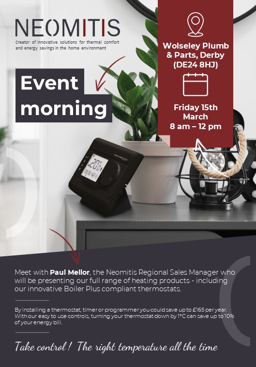 Our RSM @paulm_neomitis will be showcasing the #Neomitis product range at @WolseleyP_P Derby (DE24 8HJ) on Friday 15th March 8 am am – 12:00 pm📍 Visit to see how easy our products are to use and install! #Controlofchoice #Thermostat #Electric #Radiators