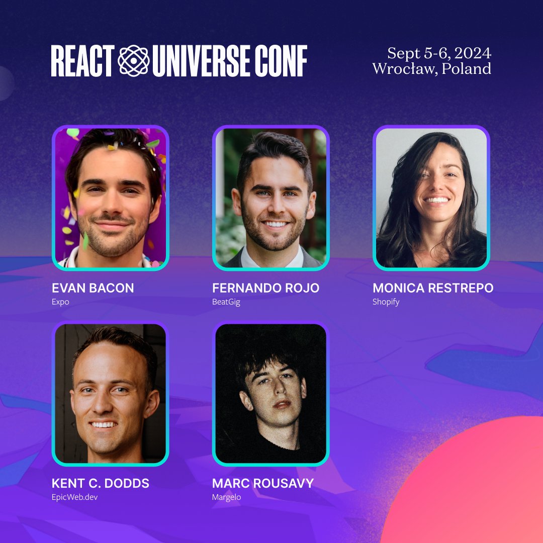 We're thrilled to unveil the stellar lineup of our first speakers for React Universe Conf 2024 🥳 It’s already confirmed that this year you’ll see @ImRestrepo, @Baconbrix, @FernandoTheRojo, @kentcdodds, and @mrousavy on stage 🚀 Stay tuned for more speaker announcements!