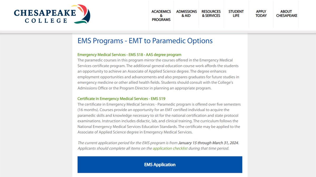 ATTN, EMTs! Now through March 31, Chesapeake College is accepting applications for its EMT-to-Paramedic program for fall 2024. To apply online, or for more information, visit chesapeake.edu/allied-health/….