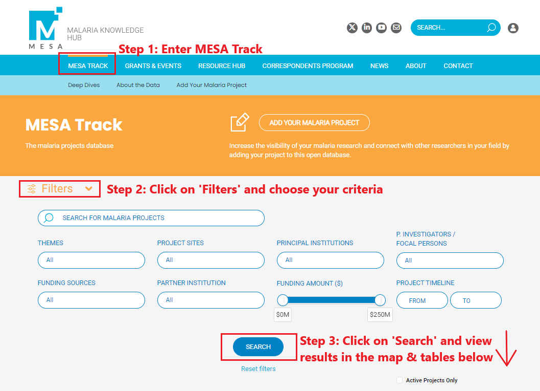 MESAmalaria's tweet photo. Heard of #MESATrack (the malaria projects database) but not sure how to use it?

We have made it even more user-friendly now! Click the powerful 'Filters' button &amp; see the magic unravel.

From PIs, funding, to research topics &amp; trends, we have you covered!
https://t.co/IzrvK02KOj https://t.co/wRNLsQkEx2