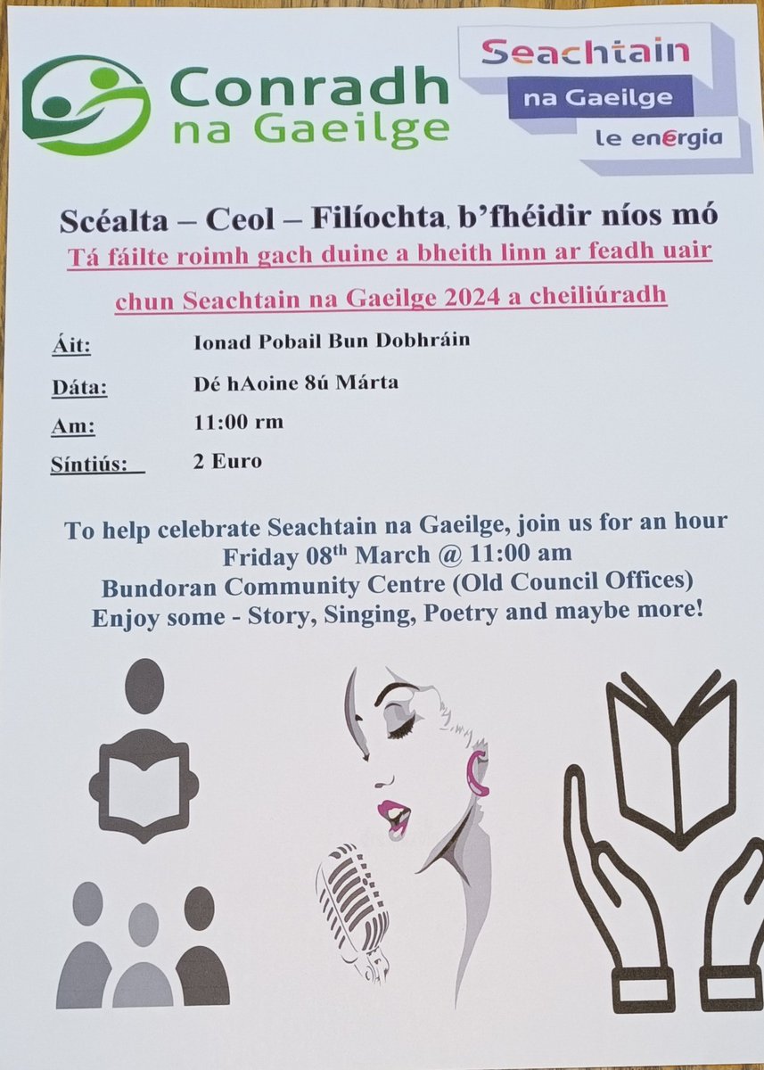 @conradhnagaeilge @discoverbundoran @oideasgael @DonegalDemocrat @seachtainnagaeilge @WeLoveDonegal Maidin amárach daoine - ná déan dearmad. Tomorrow morning, folks 🤔Bé daoine ag canadh, ag léamh gearrscéal agus filíochta, agus b’fhéidir iontas nó dhó 😮 Song, readings & more.