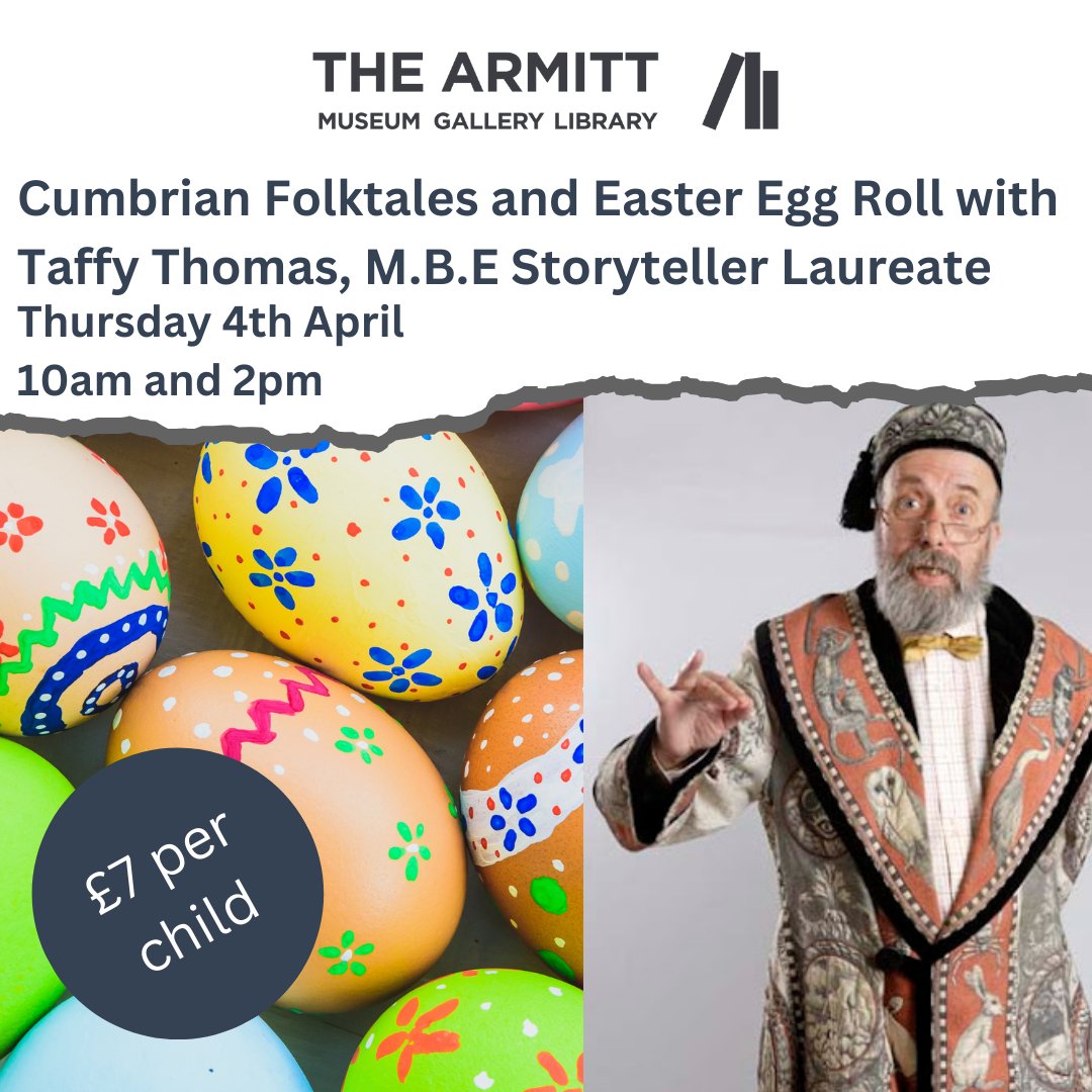 Next week #TaffyThomasMBE will be here in his celebrated Tale Coat to share traditional #Cumbrian #folktales & you can decorate your own #eastereggs Tickets are £7 per child, book yours here today: tinyurl.com/3kb2nyc3