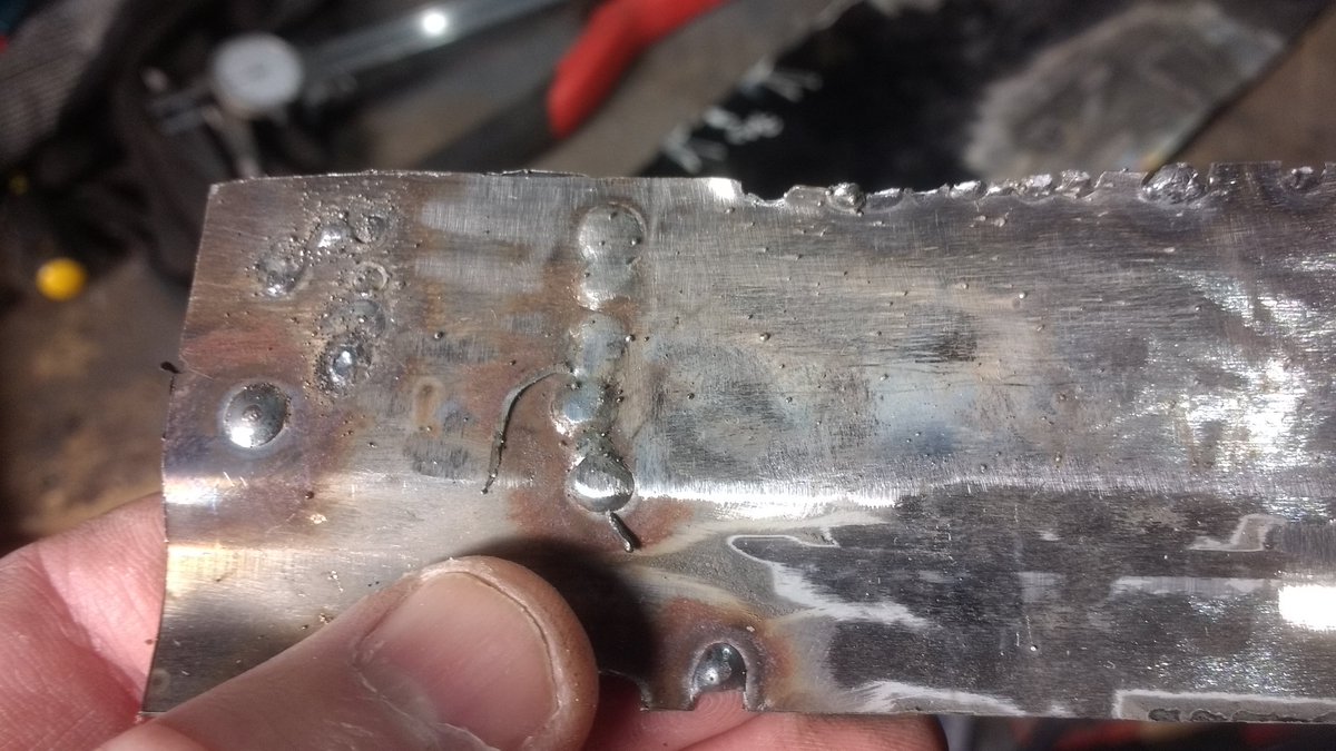 TK42138's tweet photo. First tests of my Clarke 130EN in gasless/fluxcore mode. Good instruction booklet & settings seem to be based on the real world. 30amp minimum does work on thin sheet. Example is part of the original Rover lower quarter panel. Next photos show stitch weld and penetration #migweld https://t.co/h4eDeVW9Ti