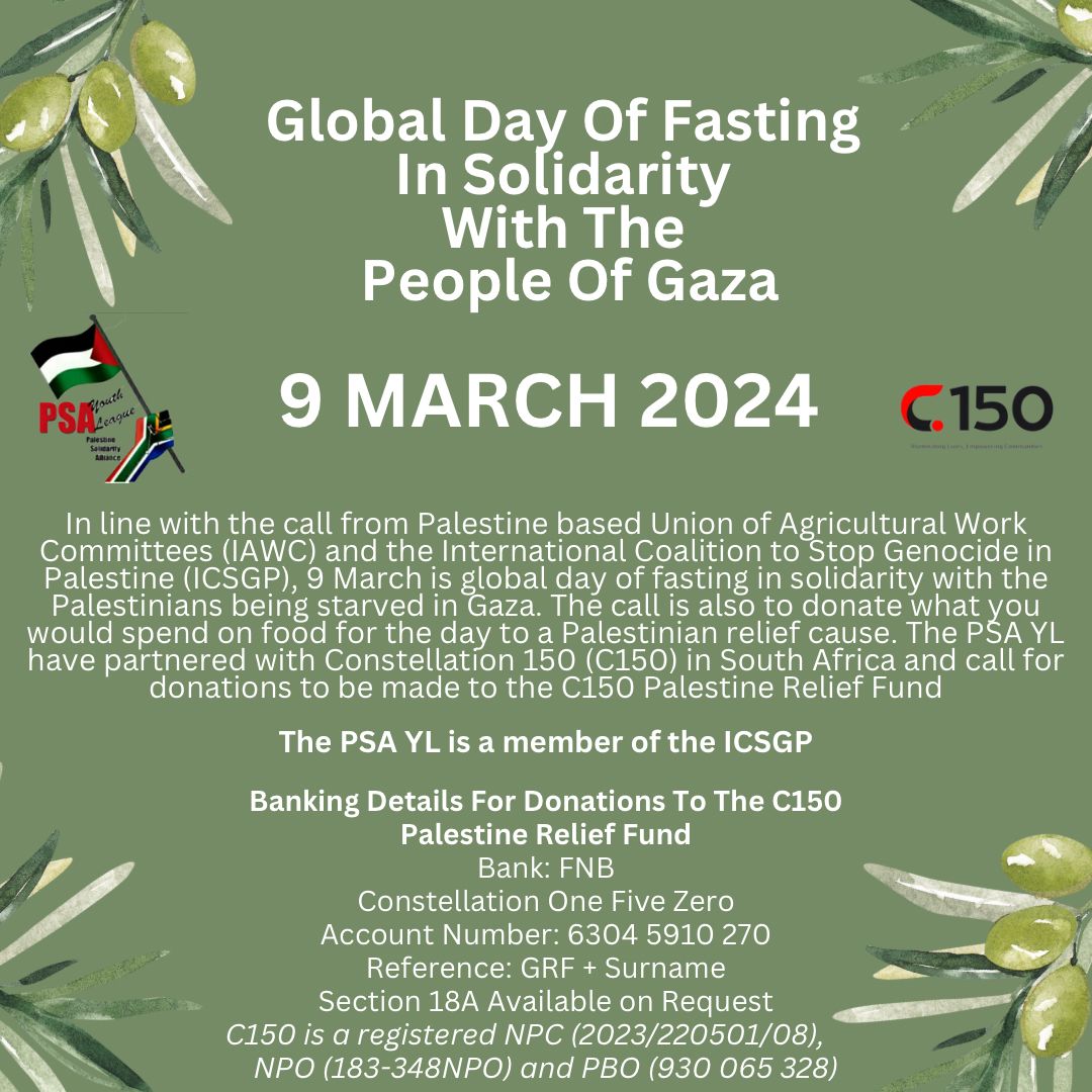 Blacks4Peace's tweet photo. In line with the call from Palestine based Union of Agricultural Work Committees (IAWC) &amp; the International Coalition to Stop Genocide in Palestine (ICSGP), March 9 is a global day of fasting in solidarity with the Palestinians being starved in Gaza: https://t.co/SQeo9TyoO5 https://t.co/4BSkyh7qUV