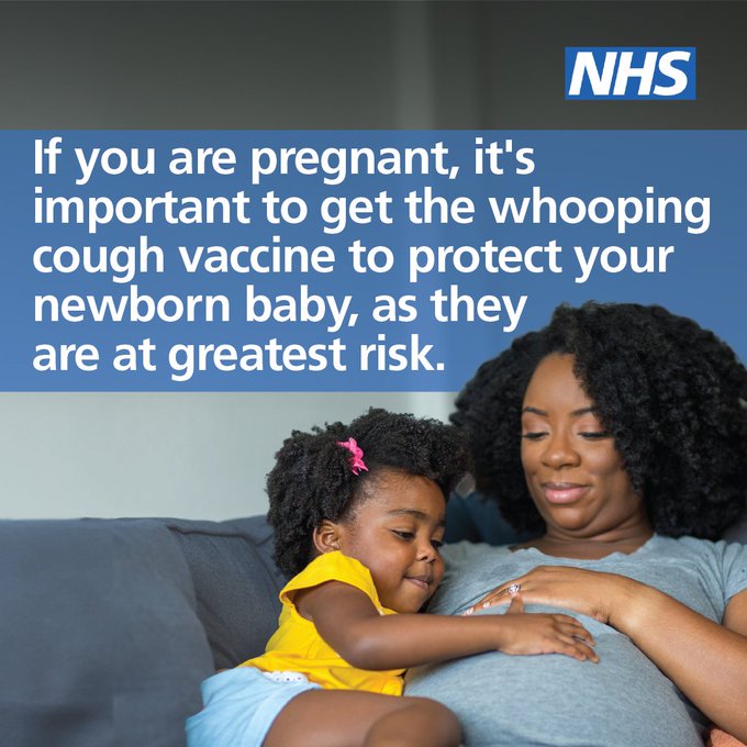 Text: If you are pregnant, it's important to get the whooping cough vaccine to protect your newborn baby, as they are at greatest risk. Image: A pregnant mother is sitting on the sofa holding her belly. She has a young child cuddling her also touching her belly. The NHS logo is in the top corner. 