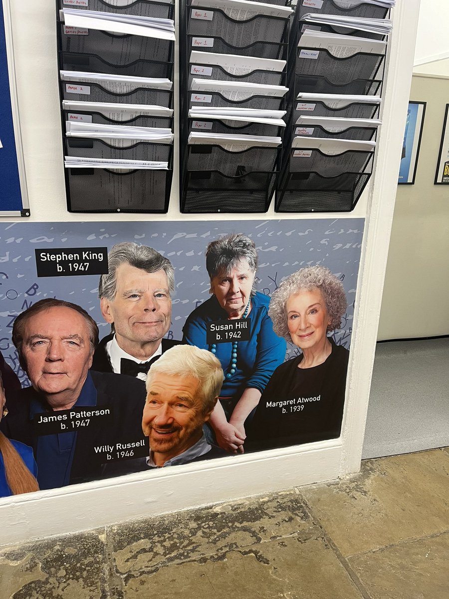 sophiehannahCB1's tweet photo. Writers on the wall in the English department at Mill Hill School! What a fantastic idea! And a wonderful photo of Agatha! @agathachristie https://t.co/e1Hx5ZfaRQ