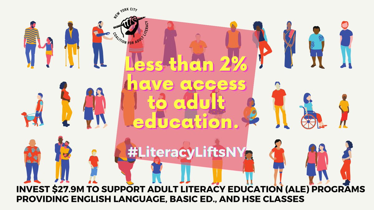 Less than 2% of NYers who need English language ESOL, basic ed, or HSE have access to Adult Education classes. 

NY must invest $27.9M in Adult Literacy Education to stabilize, enhance, and expand programs. #LiteracyLiftsNY <a href="/NYCCAL/">NYCCAL</a>

Learn more here: t.ly/3O2Ao