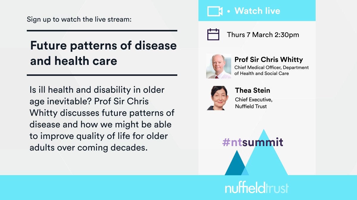 Nuffield Trust (@nuffieldtrust) on Twitter photo Is ill health and disability in older age inevitable?
<a href="/CMO_England/">Professor Chris Whitty</a>'s keynote address on future patterns of disease is about to begin. #NTsummit
Watch here: events.zoom.us/ev/AnKSi9AE2hQ… Is ill health and disability in older age inevitable?
<a href="/CMO_England/">Professor Chris Whitty</a>'s keynote address on future patterns of disease is about to begin. #NTsummit
Watch here: events.zoom.us/ev/AnKSi9AE2hQ…