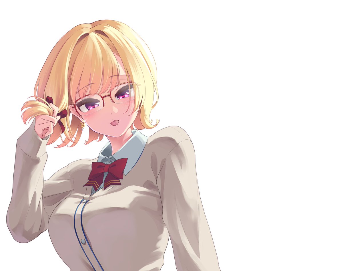 1girl blonde hair solo glasses tongue tongue out bow  illustration images