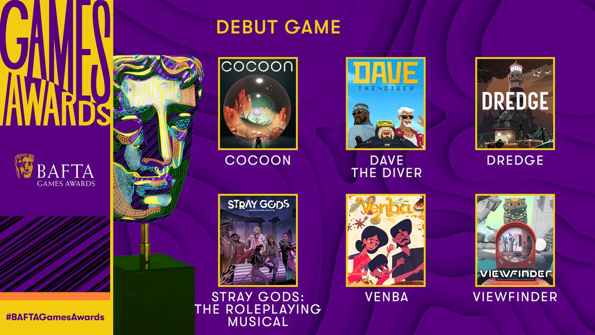 First time's the charm for the Debut Game nominees! COCOON DAVE THE DIVER DREDGE STRAY GODS: THE ROLEPLAYING MUSICAL VENBA VIEWFINDER #BAFTAGamesAwards