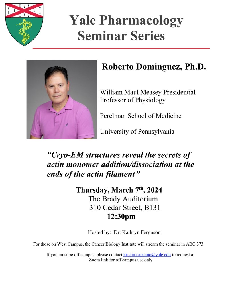 Come and hear Roberto Dominguez's (Penn) cool work at the Pharmacology Seminar in Brady Auditorium at 12.30pm today: 'Cryo-EM structures reveal the secrets of actin monomer addition/dissociation at the ends of the actin filament'