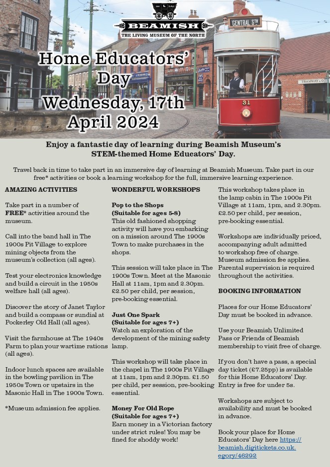 BeamishLearning's tweet image. Bookings are now open for our next Home Educators Day at @Beamish_Museum This will take place on Wednesday 17th April. The image has a list of what&apos;s on, and you can book here: beamish.digitickets.co.uk/event-tickets/…...

Any questions, please feel free to DM or email  helentalbot@beamish.org.uk