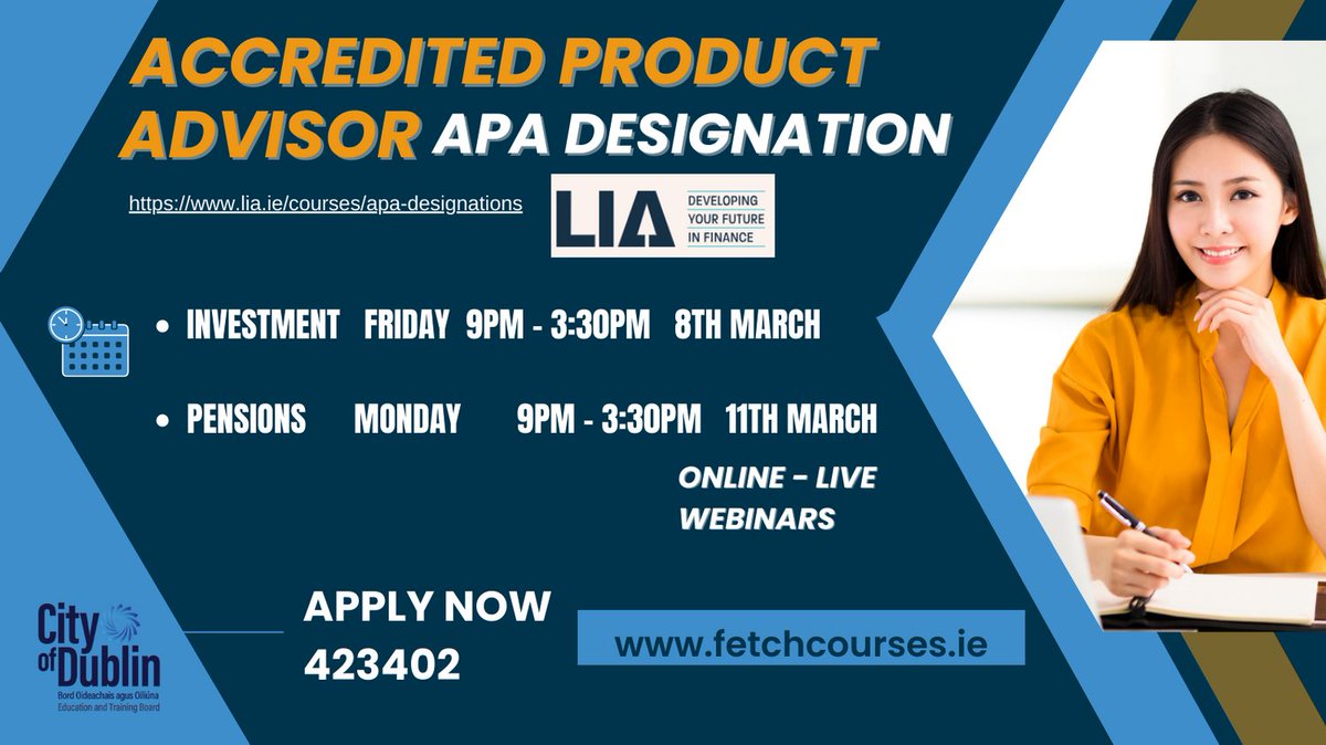 #apadesignation #banking #qfa #financial #advisor #lIA #freecourse 
Applicants who have completed their APA designation and wish to continue their studies, should apply now - This course is free of charge with live webinars