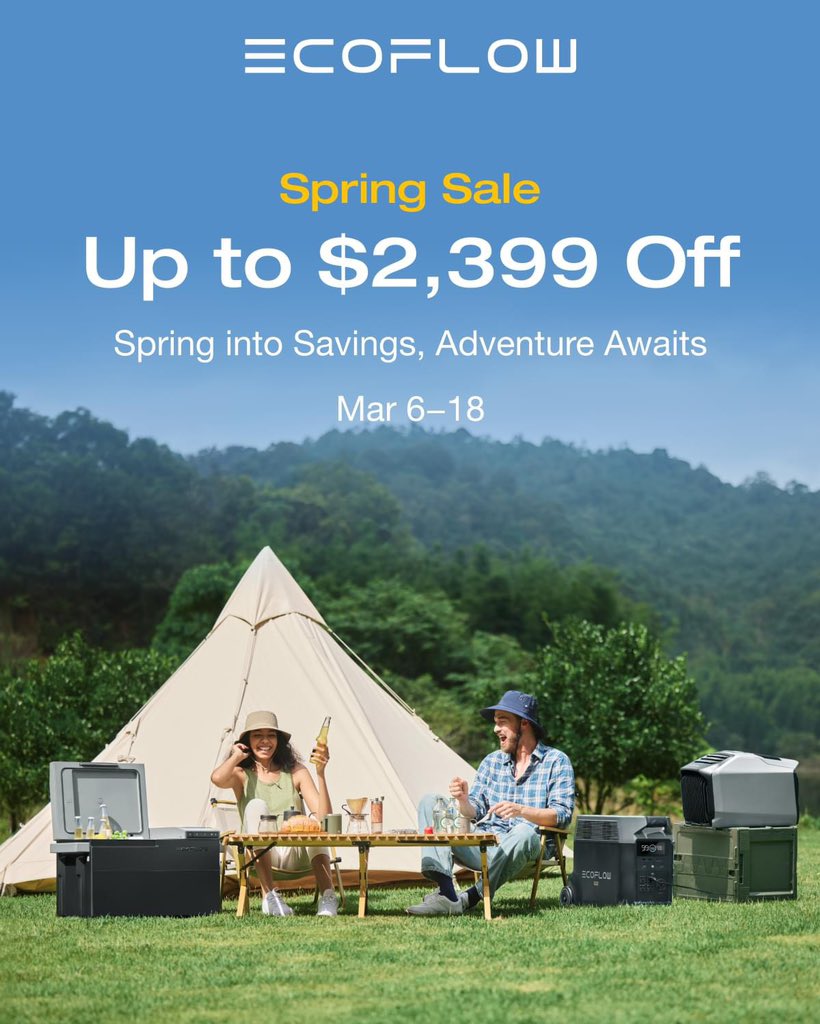 EcoFlowTech's tweet image. Spring calls to enthusiasts 🌿 Which EcoFlow deal will join your outdoor adventures? Share your picks!

#SpringSale #SolarGenerator #OutdoorGears #EcoFlow #Camping