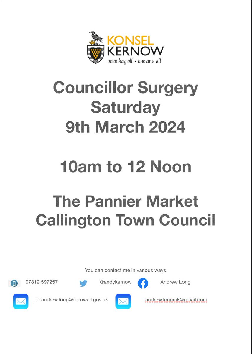 This Saturday I am holding another #councillorsurgery at <a href="/CallingtonTC/">Callington TC</a> Pannier Market from 10am to 12 noon <a href="/MebyonKernow/">The Party for Cornwall</a> <a href="/CornwallCouncil/">@cornwallcouncil</a>