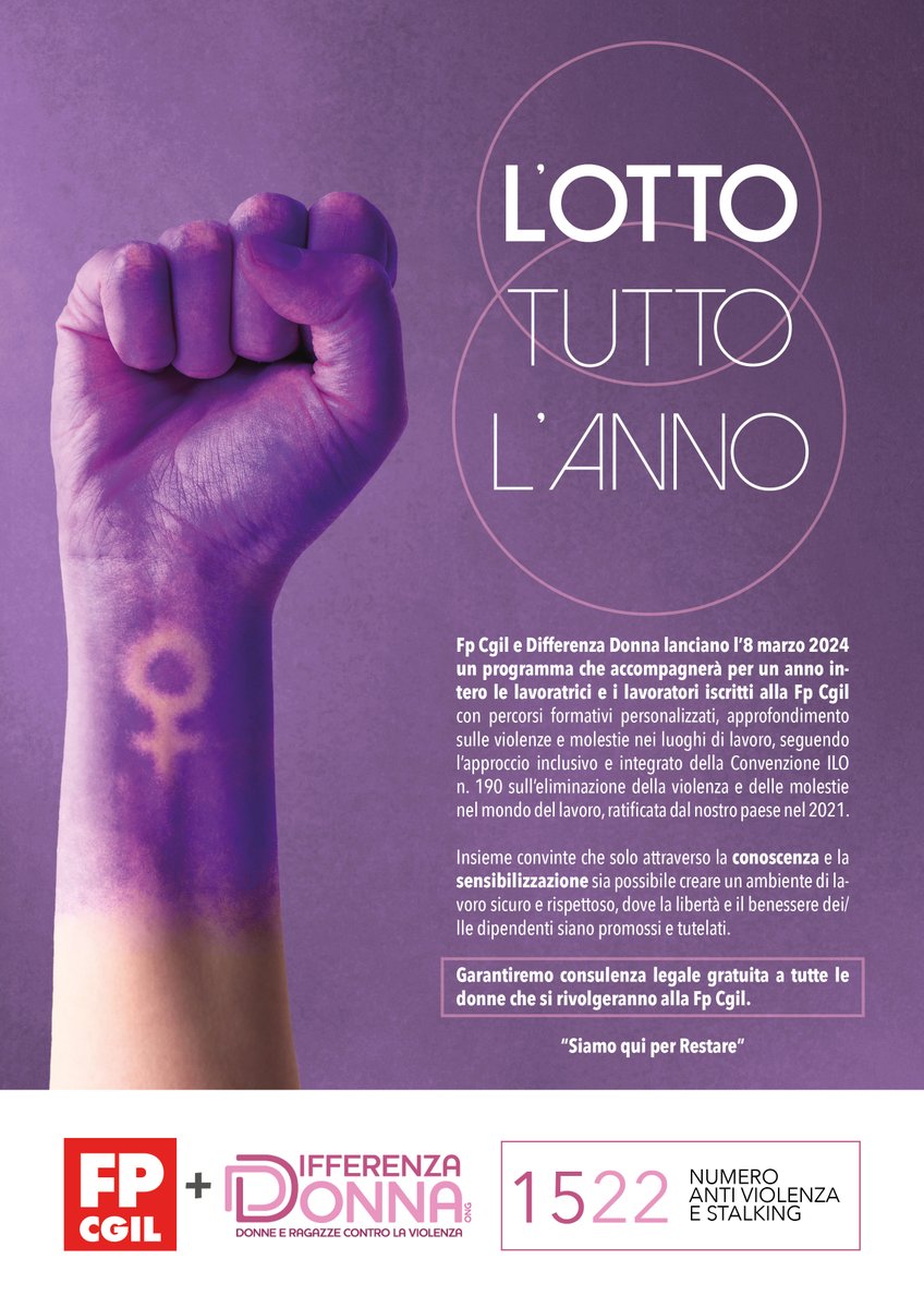 🟥 L'OTTO TUTTO L'ANNO! Con @DifferenzaDonna avviamo un percorso formativo per iscritt* alla Fp su violenze sul lavoro. 👥 Garantiremo anche consulenza legale gratuita alle #donne che si rivolgeranno a noi. Solo attraverso la conoscenza creeremo ambienti sicuri.