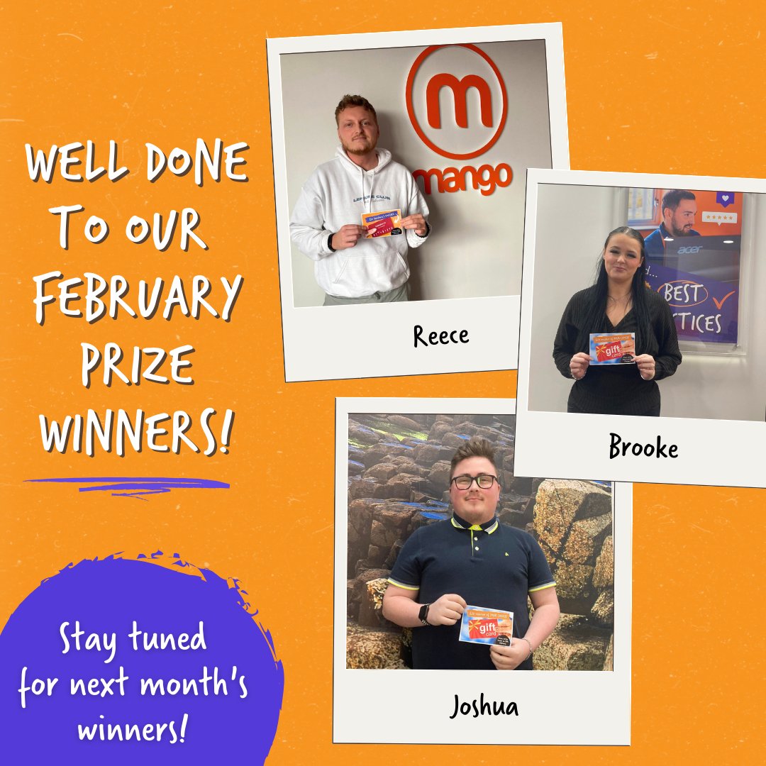 Congratulations to everyone who secured the goods in our February prize draw! Our winners are...🥁
⭐ Reece
⭐ Brooke
⭐ Joshua
⭐ Simon

Well done again 😊 and good luck everyone for March! #prizewinners #welldone #staffrewards #staffspotlight #talktomango