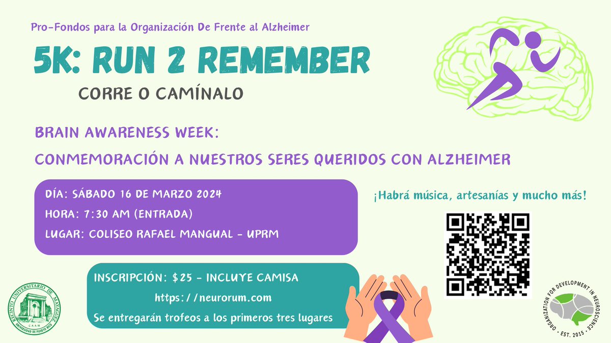 Les anunciamos con muchas ansias nuestra segunda edición del 5K:Run 2 Remember para pro-fondos para pacientes con Alzheimer. Si deseas correr o caminar ¡la inscripción está abierta!
¡Les esperamos para un pasa día familiar! 💜🧠 

neurorum.com 

#alzheimerawareness