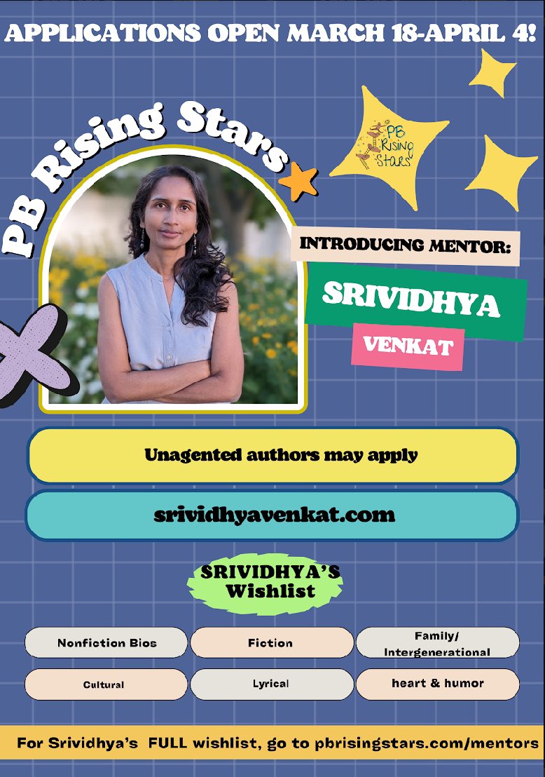 Next on our #PBRisingStars mentor features is @VenkatSrividhya Unagented authors, Srividhya is looking for NF bios, fiction, intergenerational stories, lyrical, humor w/ heart, and more!! Check out Srividhya’s full wish list at pbrisingstars.com/srividhya #kidlit @ebonylynnmudd