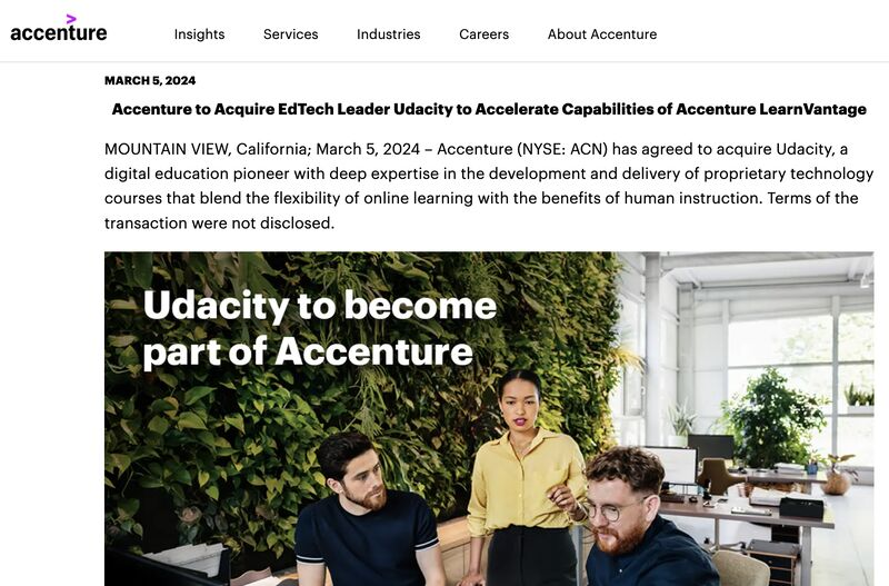 This is big... @Accenture acquired edtech company @udacity . Insight: Udacity had big debts and made around 100m in revenue, but I think it's sold below the 100m. The Upgrad deal didn't happen. The traditional model of consulting firms, often referred to as 'hour factories,'…