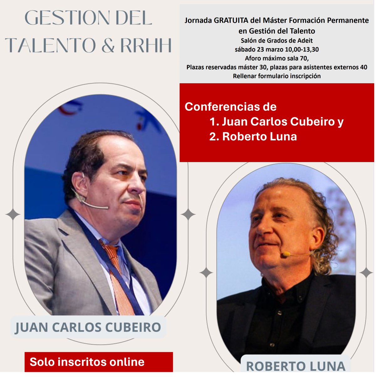 RoberiLuna's tweet photo. Jornada gratuita de "Gestión del talento" #valencia, salón de grados
@ADEITUV (Plaza Virgen de la Paz, 3)
@mastergesta. Sábado 23 marzo 10,00-13,30h. Conferencias de @juancarcubeiro y @RoberiLuna
+ Networking. #rrhh Inscripción hasta llenar aforo (70) https://t.co/7lZVu5ZLPg https://t.co/W6LIMXqk9m