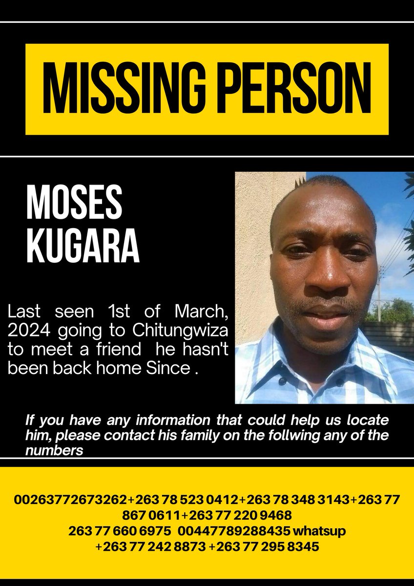 DebraNgondonga's tweet photo. My brother is missing last seen in Harare saying he was going to Chitungwiza to see his friend on the 1st of March , he hasn't been home since. Kindly share and contact numbers below. https://t.co/2QciZ20lYK