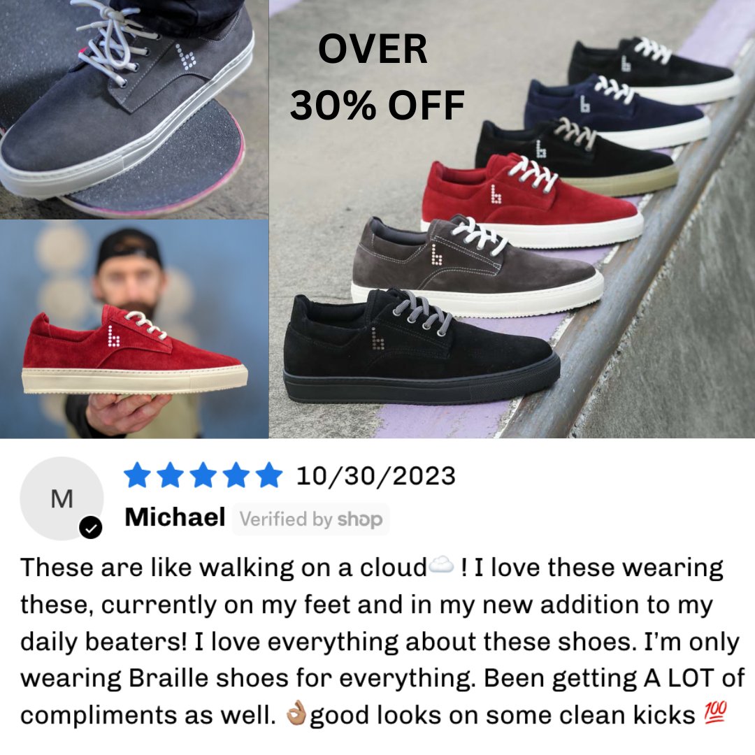 Braille Shoes on sale in the Braille Shop! 

- Comfortable 
- High Quality 
- Perfect for skating and every day use 

#saveyoursoles #brailleshoes #skateshoes #shoesale