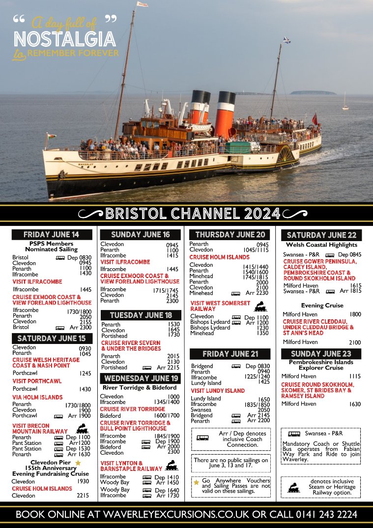 BRISTOL CHANNEL CRUISES 2024 We are delighted to publish Waverley's Bristol Channel 2024 timetable which will operate from Friday 31st May to Sunday 23rd June - her longest period on the Channel in over a decade. Waverley will make her first sailing from the north Devon town of…