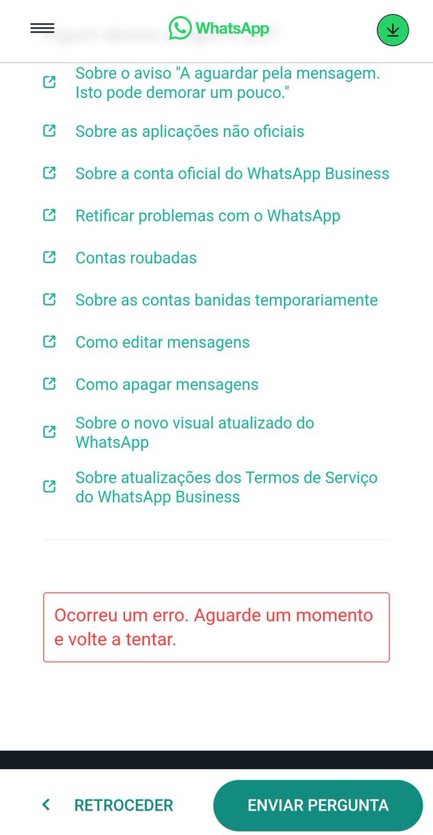 fe_avila's tweet photo. @MateusMontenegr @WhatsApp @whatsappsbr Aconteceu o mesmo comigo ontem...nem mensagem ao fale conosco está sendo possível enviar, diz que ocorreu um erro. Brincadeira hein @WhatsApp https://t.co/onfD8Ma5eV