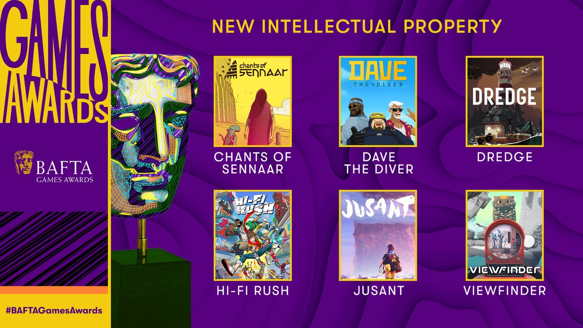 It all starts with an idea 💡 The New Intellectual Property nominees are....

CHANTS OF SENNAAR
DAVE THE DIVER
DREDGE
HI-FI RUSH
JUSANT
VIEWFINDER

#BAFTAGamesAwards