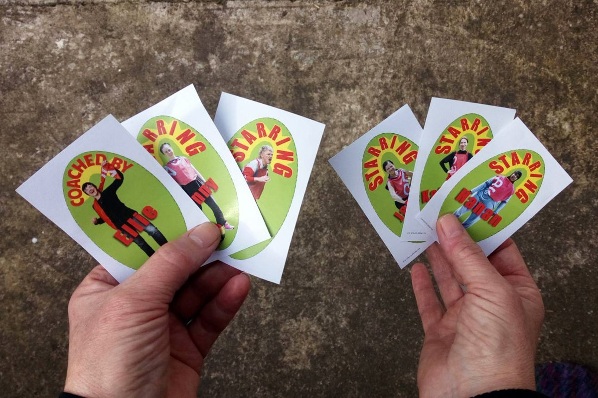 football stickers ready for our Feminist Tabletop Football game on Saturday - stickers featuring women and non-binary players &amp; coaches from Glasgow and Sheffield - collect and swap to create your feminist dream team!