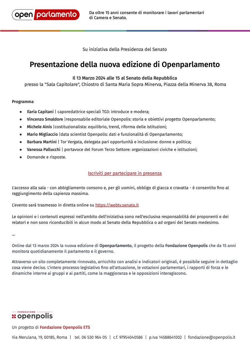 Il 13 marzo presenteremo la nuova edizione di #Openparlamento, il progetto di <a href="/openpolis/">openpolis</a> attivo da 15 anni. Per partecipare in presenza è necessaria la registrazione, in alternativa è possibile seguire l'evento in diretta sulla webtv del Senato. Info: bit.ly/3wTSDTK