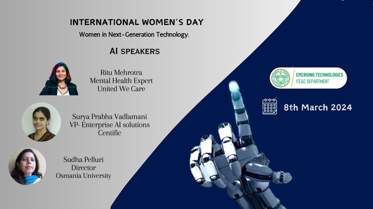 👧Delighted to have Ritu - UnitedWeCare, Sudha Pelluri - Osmania University, & Surya Prabha - Centific as prominent speakers for International Women's Day shedding light on AI advancements 🗓️ Join us at #LinkedInLive on March 8th, 2024 👥@jayesh_ranjan | @ramadevi_lanka