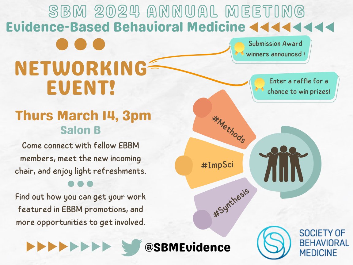 The <a href="/BehavioralMed/">SBM</a> Annual Meeting is next week! Come mingle w/ EBBM at the annual networking event!

☕️Light refreshments will be served!
🏆Award winners announced 📢
🔍Learn about the Scavenger Hunt!
 🤝Meet the incoming chair!
🎟️Enter a raffle &amp; maybe win a prize!
#SBM2024