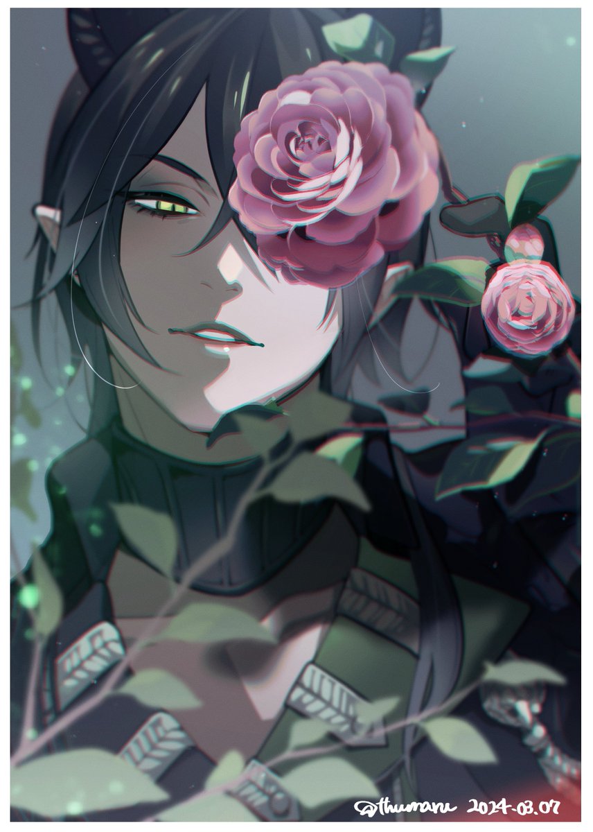 flower solo male focus 1boy black hair rose pointy ears  illustration images