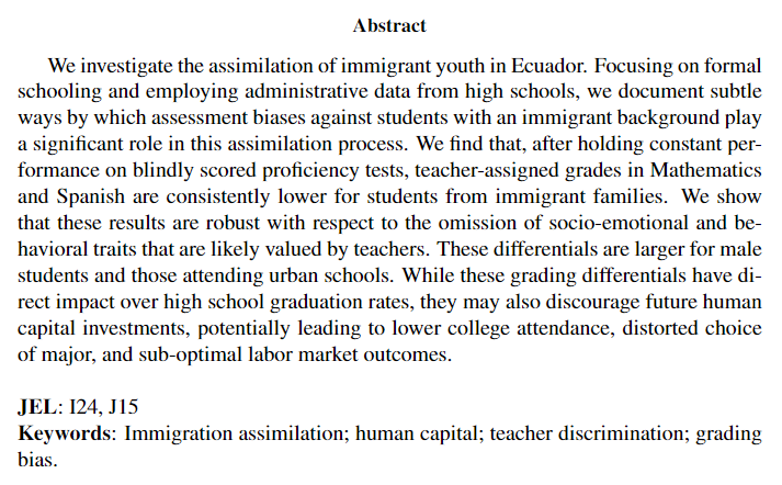 Do teachers discriminate against migrants? We explore this question by examining grading biases against immigrant students in Ecuador, the third largest destination for Venezuelan migrants. Check out our new working paper:

publications.iadb.org/en/barriers-im…