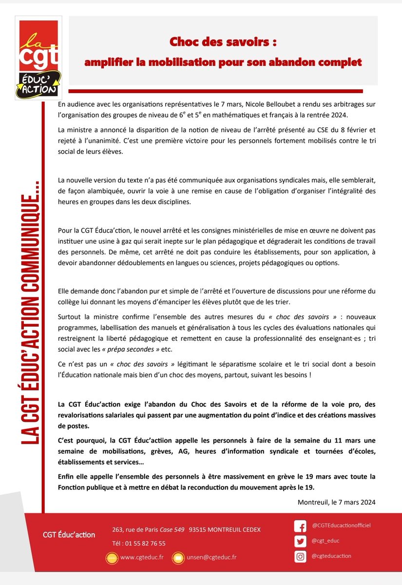 Notre communiqué après les annonces de la ministre. Accentuons la mobilisation pour l'abandon total du choc des savoirs! Appel à l'amplification du mouvement semaine du 11 mars avec un appel à la grève à partir du 19. Soutien aux collègues déjà grévistes, notamment ds le 93.