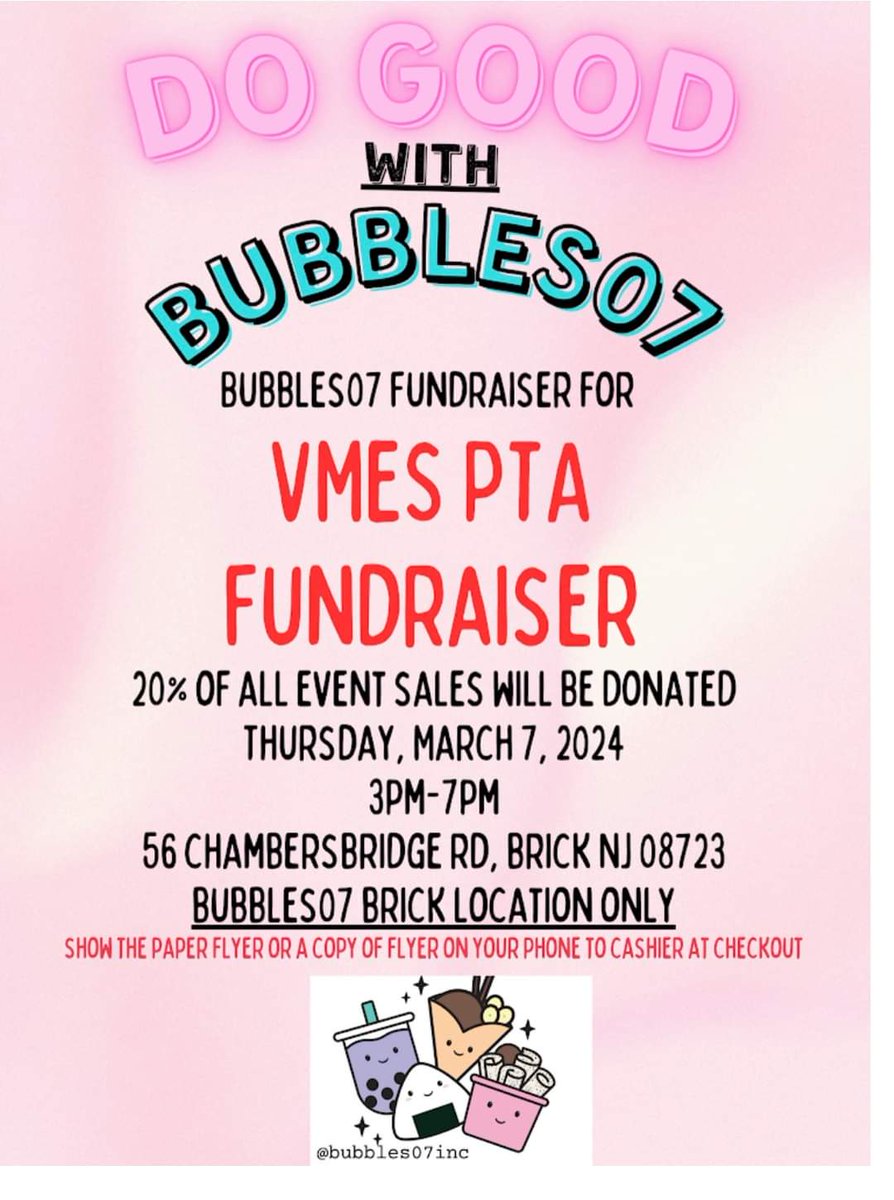 Don't forget to stop by Bubbles07 on your way to the <a href="/Brick_K12/">Brick Township Public Schools</a> District Art Show. Show them this flyer to support VMES PTA!!
<a href="/VMESMustangs/">VMESMustangs</a> @