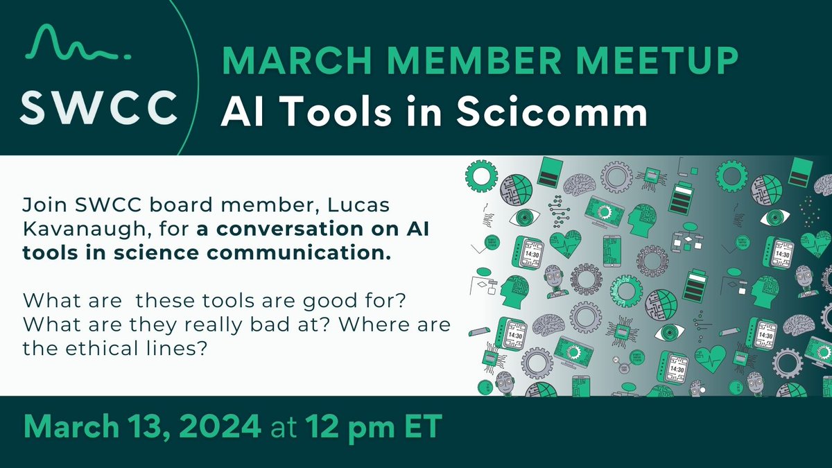 Science Writers and Communicators of Canada (@swc_can) on Twitter photo In our March member meetup, we're talking all about AI tools for science communicators to analyze research, edit writing, and create multimedia. Come with your questions as well as your stories of AI tools in #scicomm. Register here: sciencewriters.ca/event-5641930 In our March member meetup, we're talking all about AI tools for science communicators to analyze research, edit writing, and create multimedia. Come with your questions as well as your stories of AI tools in #scicomm. Register here: sciencewriters.ca/event-5641930