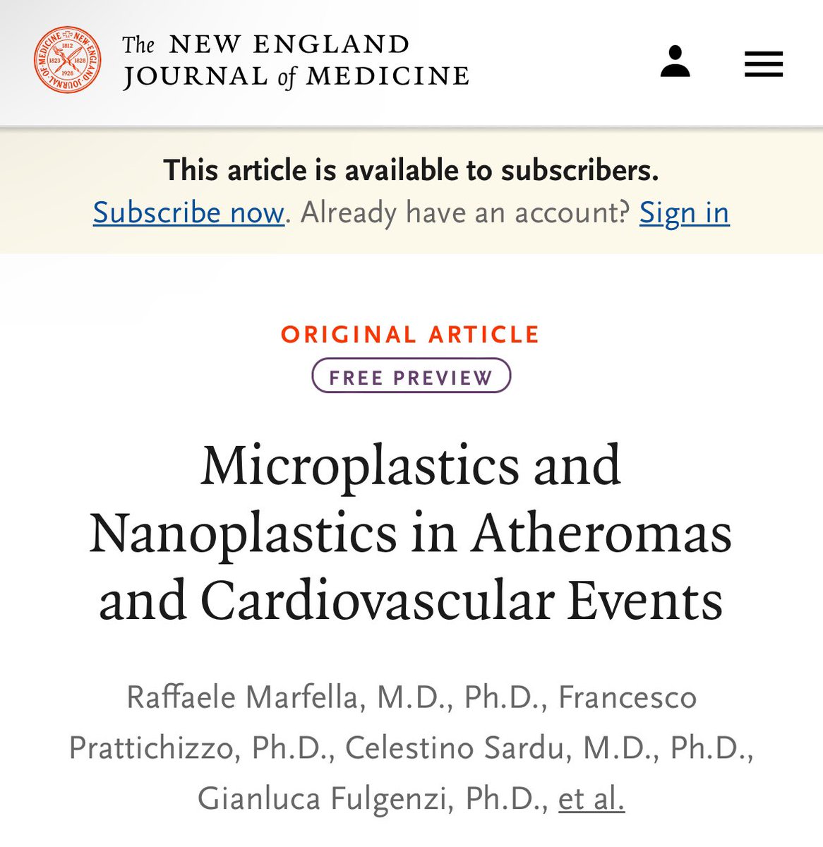 Best evidence i’ve seen so far for taking microplastics seriously “patients with carotid artery plaque in which [Microplastics] were detected had a higher risk of a composite of myocardial infarction, stroke, or death from any cause at 34 months of follow-up than those in whom…