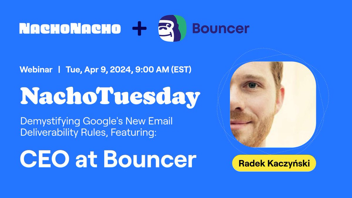 Bouncer (@usebouncer) on Twitter photo Hello folks! 👋
We want to invite you to join a live event organized by <a href="/getnachonacho/">NachoNacho</a> , where our CEO Radek Kaczyński will discuss Google's new email deliverability rules and how to ensure your Marketing emails are seen
Book your seat 👉linkedin.com/events/nachotu… Hello folks! 👋
We want to invite you to join a live event organized by <a href="/getnachonacho/">NachoNacho</a> , where our CEO Radek Kaczyński will discuss Google's new email deliverability rules and how to ensure your Marketing emails are seen
Book your seat 👉linkedin.com/events/nachotu…